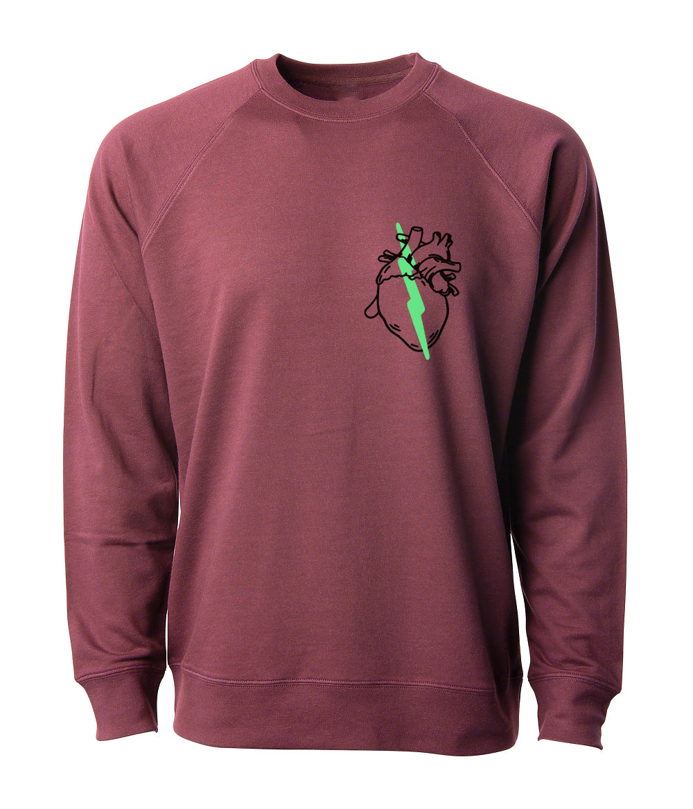 Lightweight crewneck sweatshirt in "port" color way with screen printed Yeahbuzzy design. Design is a graphic representation of a biological heart with a double lightning bolt going through it