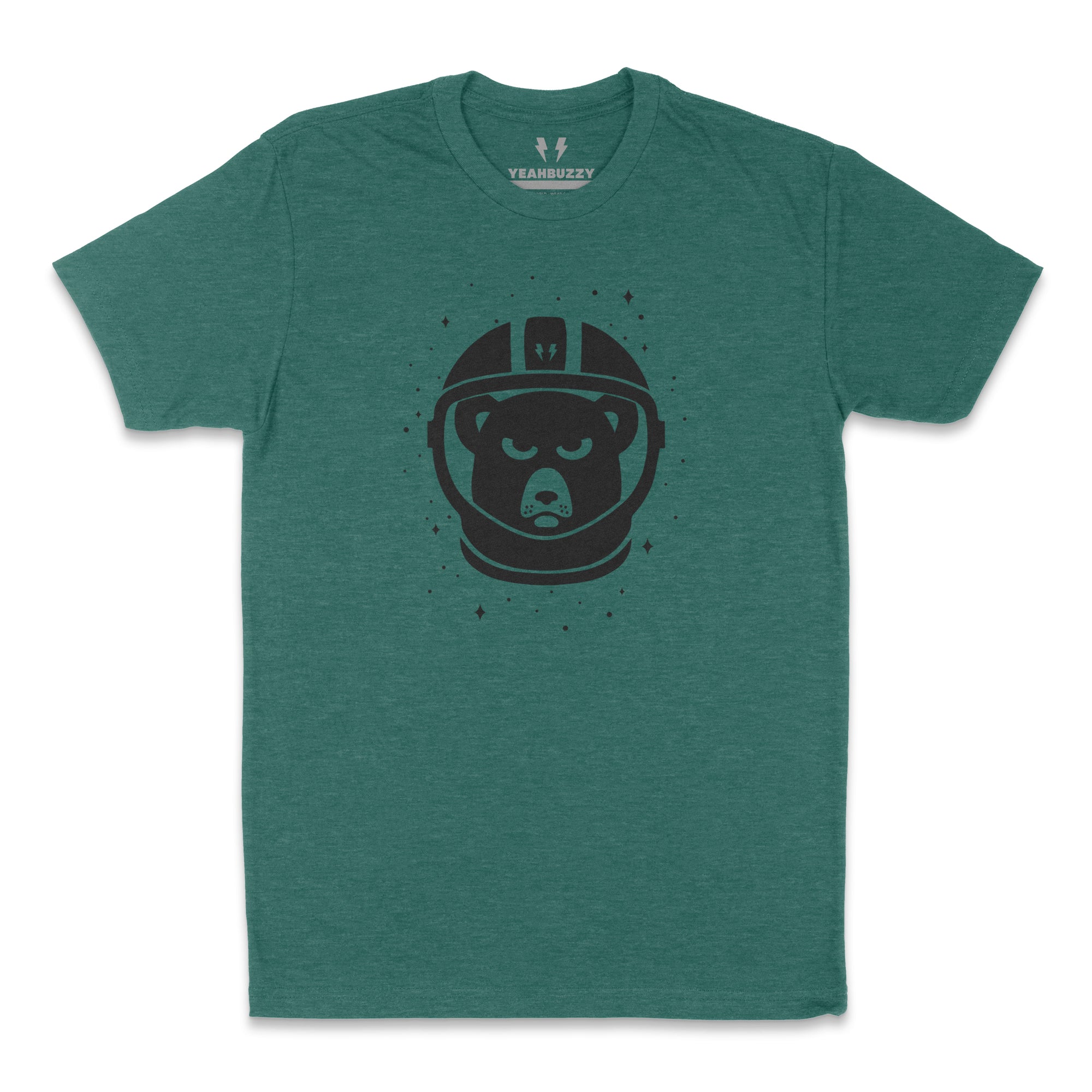 Green t-shirt with black bear graphic wearing a helmet on a white background